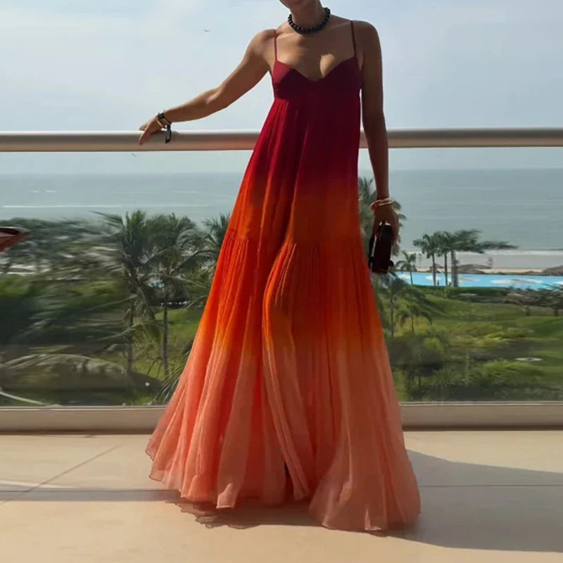Gradient Color Maxi Dress for Women - Sleeveless Strappy Sundress for Summer