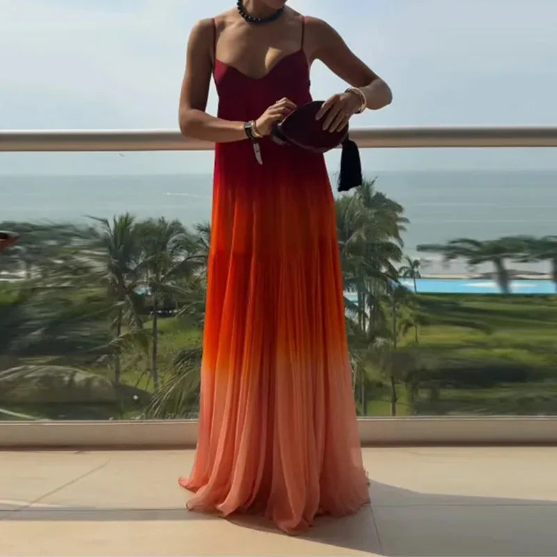 Gradient Color Maxi Dress for Women - Sleeveless Strappy Sundress for Summer
