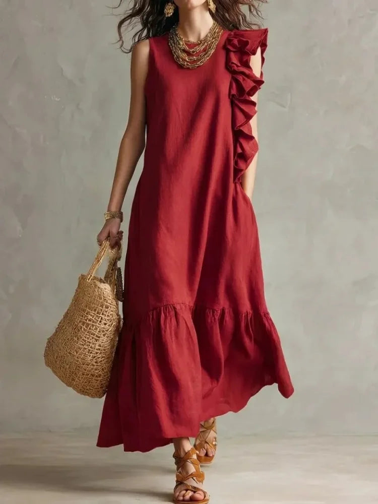 Boho Sleeveless Ruffle Maxi Dress - Loose Fit Irregular Hem Beach Sundress