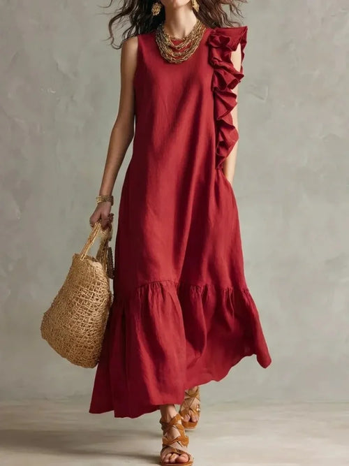 Boho Sleeveless Ruffle Maxi Dress - Loose Fit Irregular Hem Beach Sundress