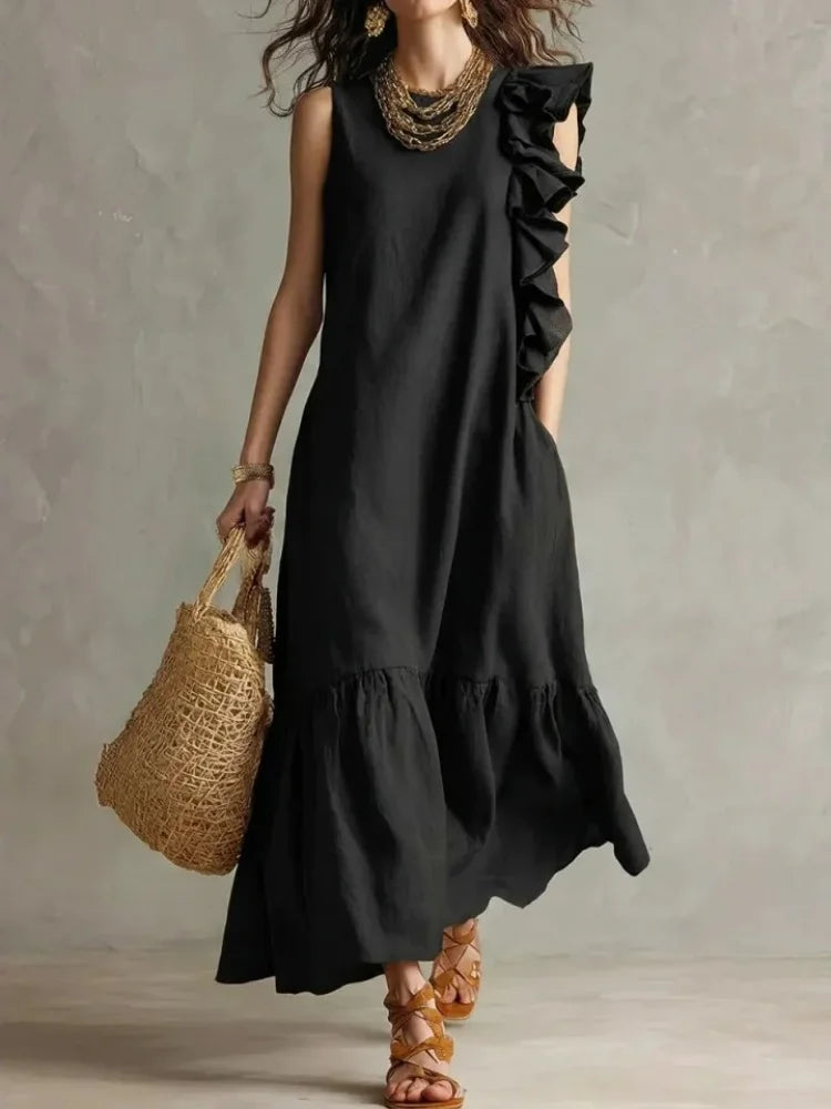 Boho Sleeveless Ruffle Maxi Dress - Loose Fit Irregular Hem Beach Sundress
