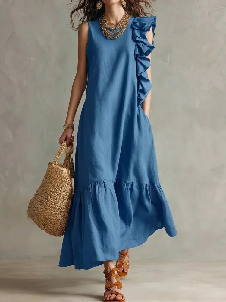 Boho Sleeveless Ruffle Maxi Dress - Loose Fit Irregular Hem Beach Sundress