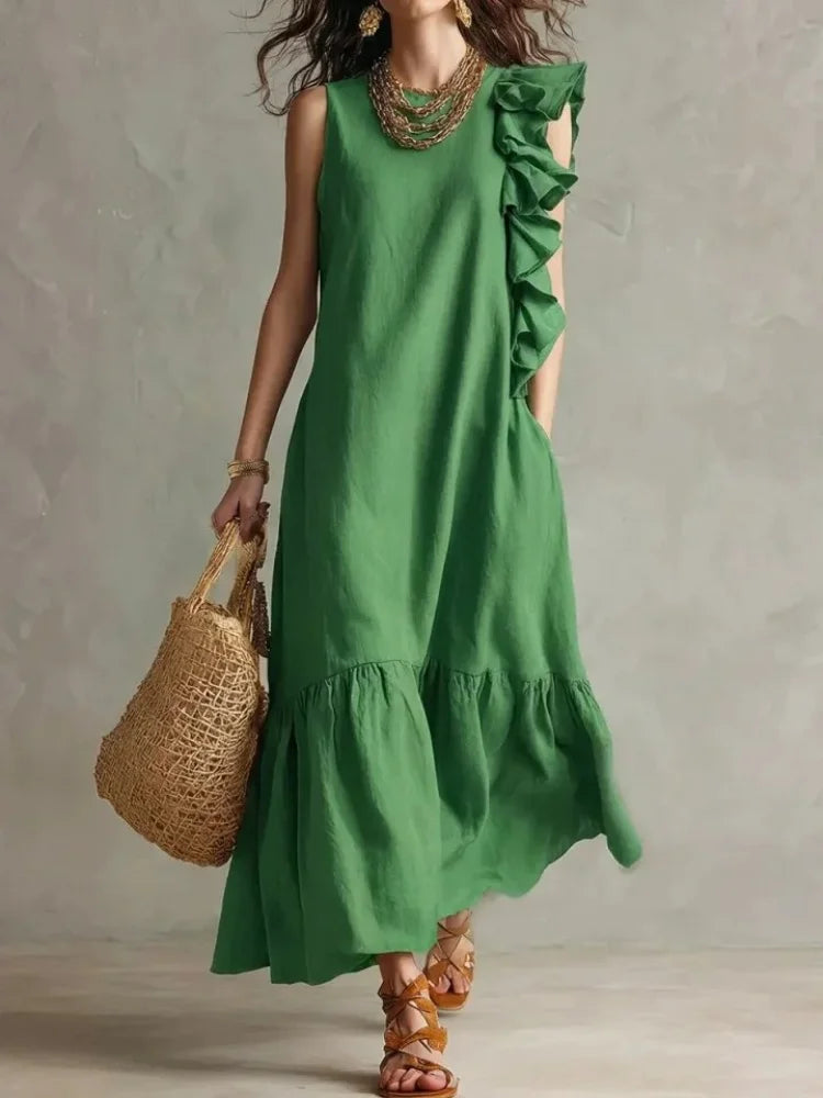Boho Sleeveless Ruffle Maxi Dress - Loose Fit Irregular Hem Beach Sundress
