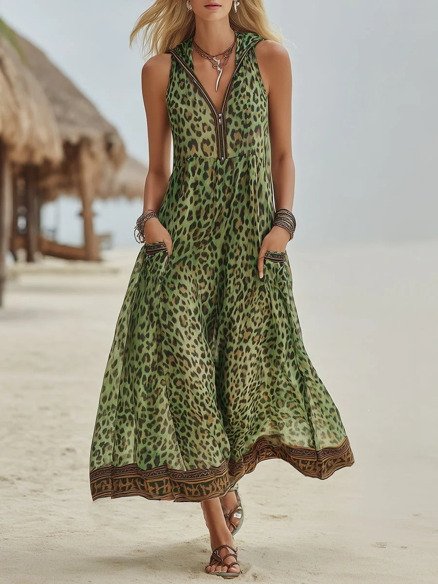 Leopard Print Hooded Maxi Dress - V-Neck Sleeveless Casual Summer Dress