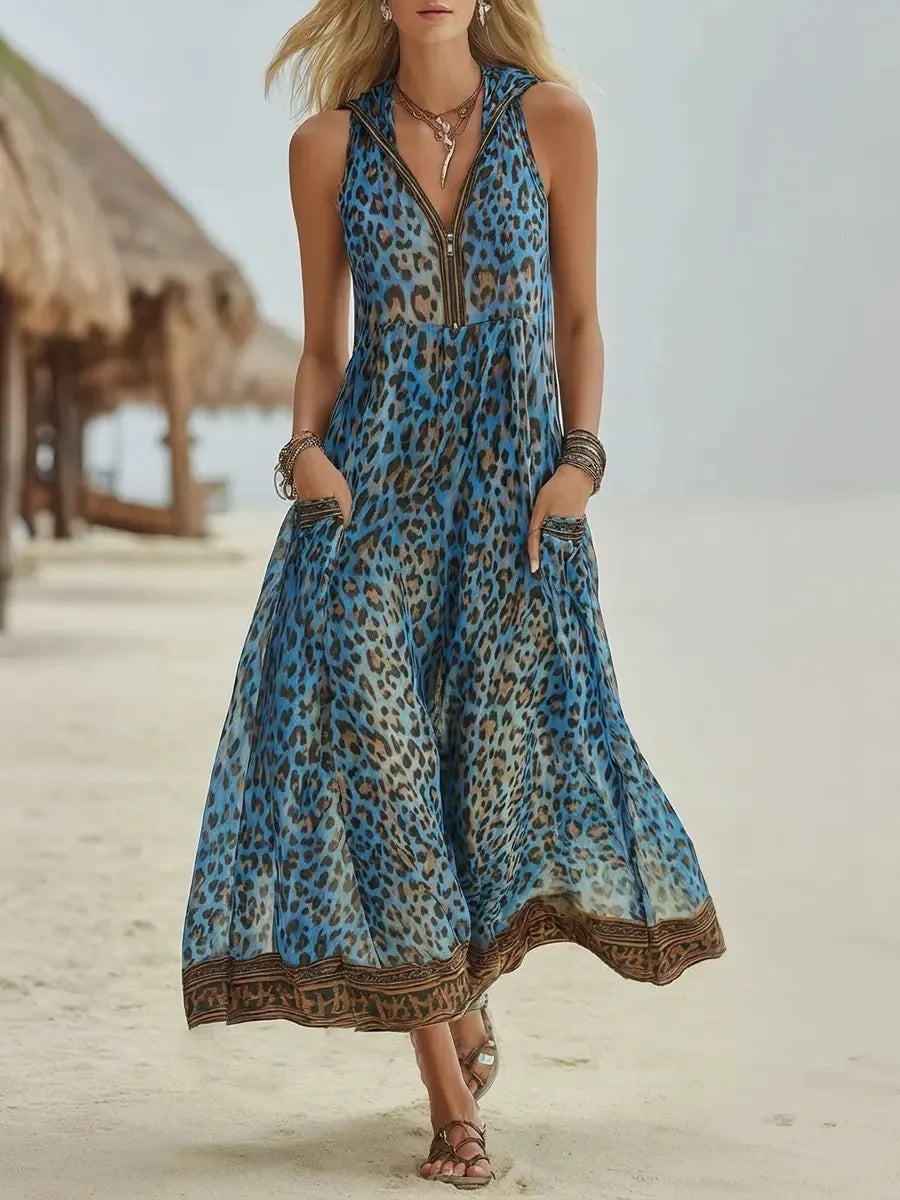 Leopard Print Hooded Maxi Dress - V-Neck Sleeveless Casual Summer Dress