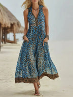 Leopard Print Hooded Maxi Dress - V-Neck Sleeveless Casual Summer Dress