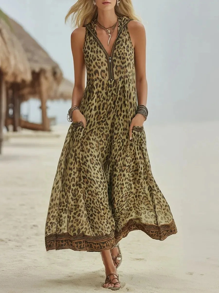 Leopard Print Hooded Maxi Dress - V-Neck Sleeveless Casual Summer Dress