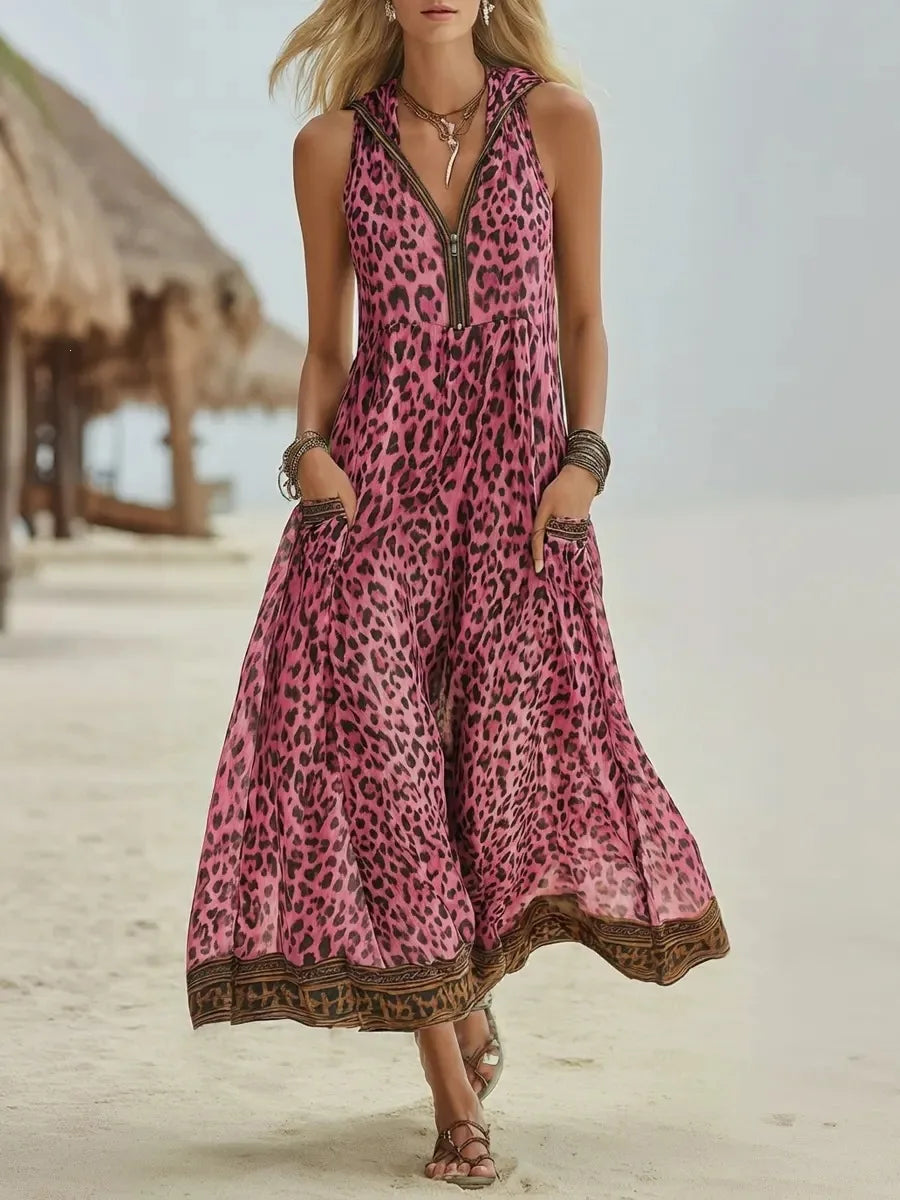 Leopard Print Hooded Maxi Dress - V-Neck Sleeveless Casual Summer Dress