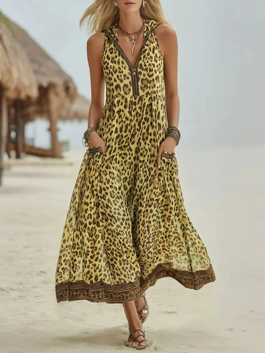 Leopard Print Hooded Maxi Dress - V-Neck Sleeveless Casual Summer Dress
