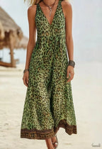 Leopard Print Hooded Maxi Dress - V-Neck Sleeveless Casual Summer Dress