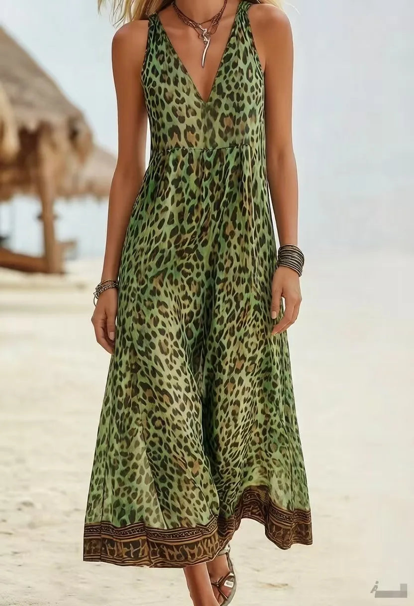 Leopard Print Hooded Maxi Dress - V-Neck Sleeveless Casual Summer Dress