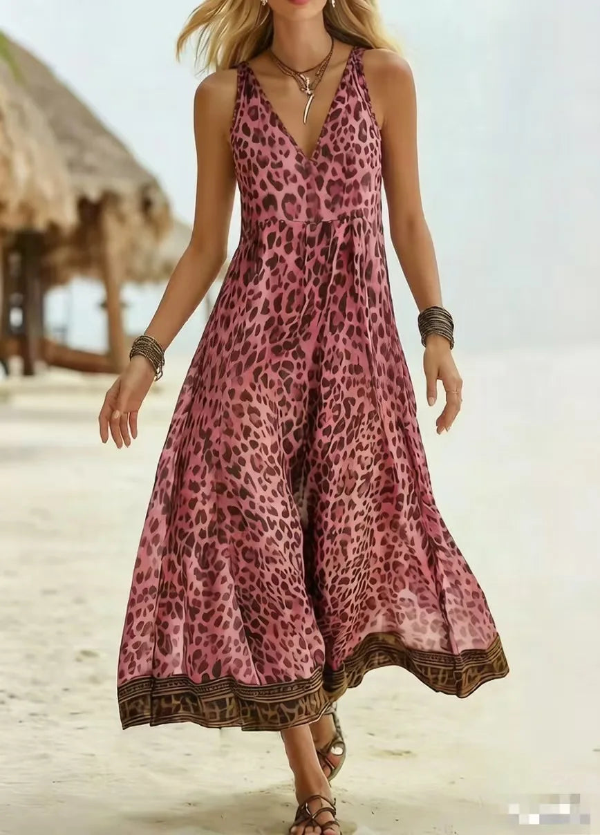 Leopard Print Hooded Maxi Dress - V-Neck Sleeveless Casual Summer Dress