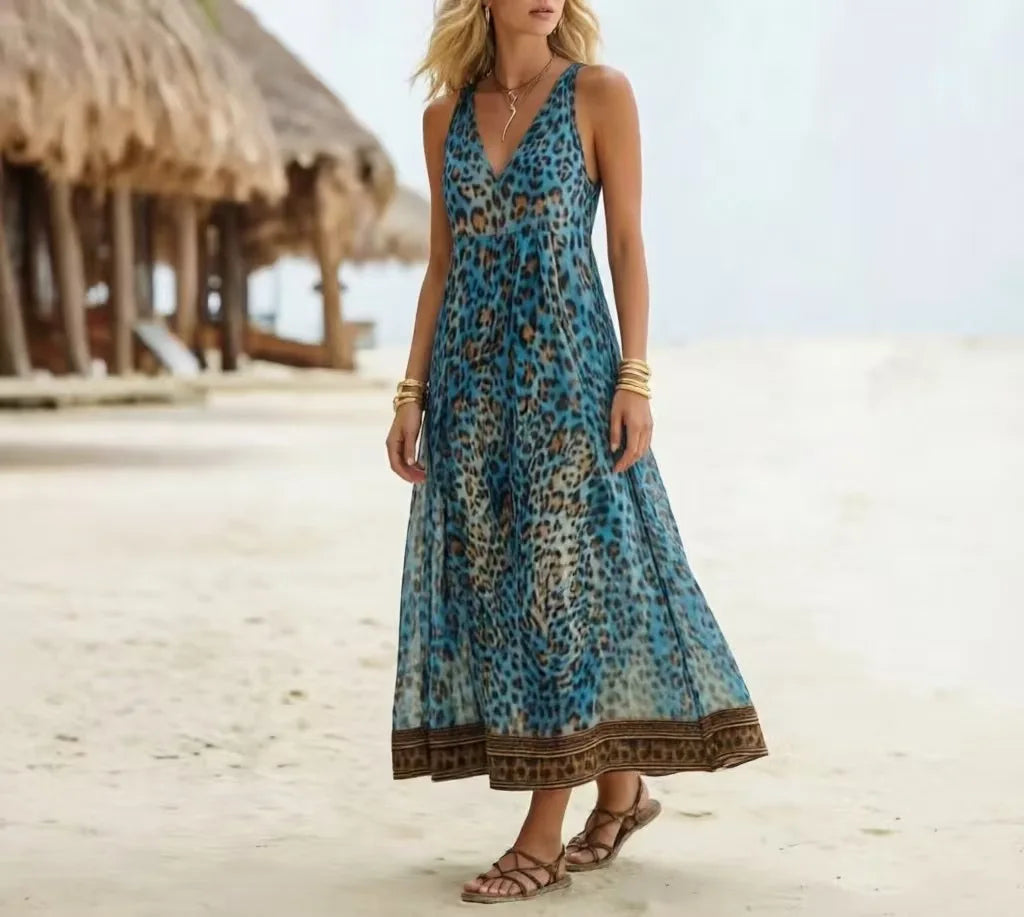 Leopard Print Hooded Maxi Dress - V-Neck Sleeveless Casual Summer Dress