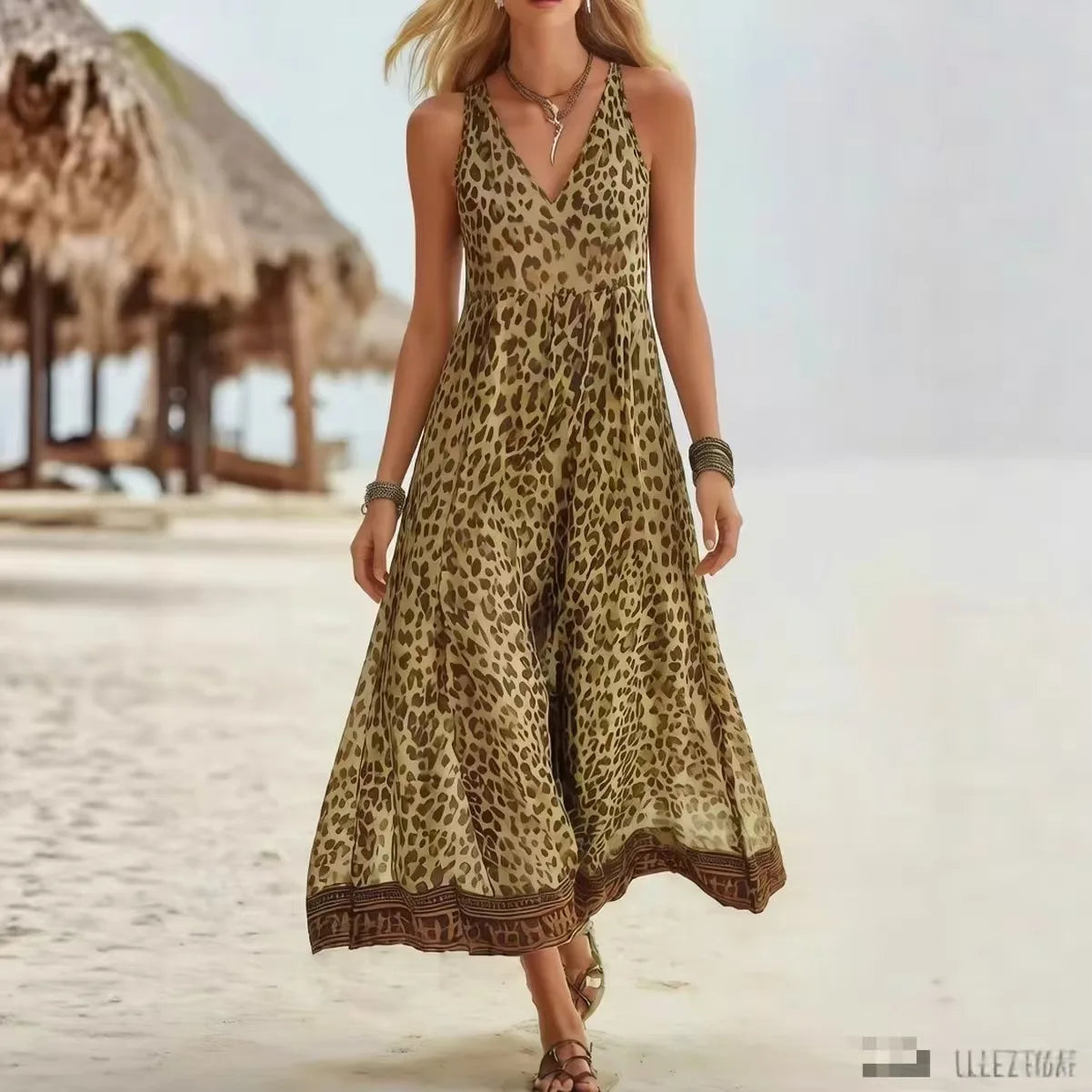 Leopard Print Hooded Maxi Dress - V-Neck Sleeveless Casual Summer Dress