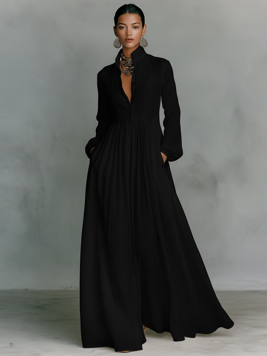 Minimalist Cotton Linen Maxi Dress with Stand-up Collar for Women