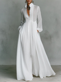Minimalist Cotton Linen Maxi Dress with Stand-up Collar for Women