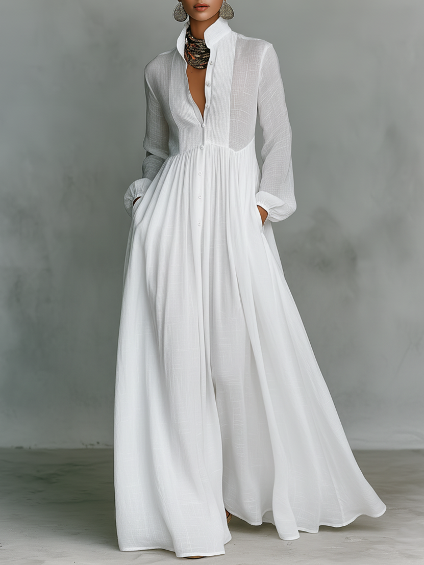 Minimalist Cotton Linen Maxi Dress with Stand-up Collar for Women