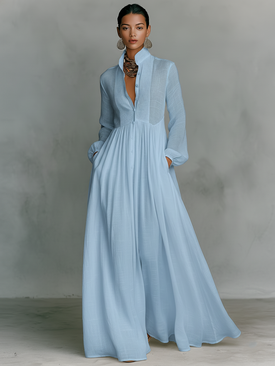 Minimalist Cotton Linen Maxi Dress with Stand-up Collar for Women