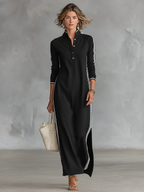 Women's White-Trimmed Button-Down Maxi Sweatshirt Dress for Casual Wear