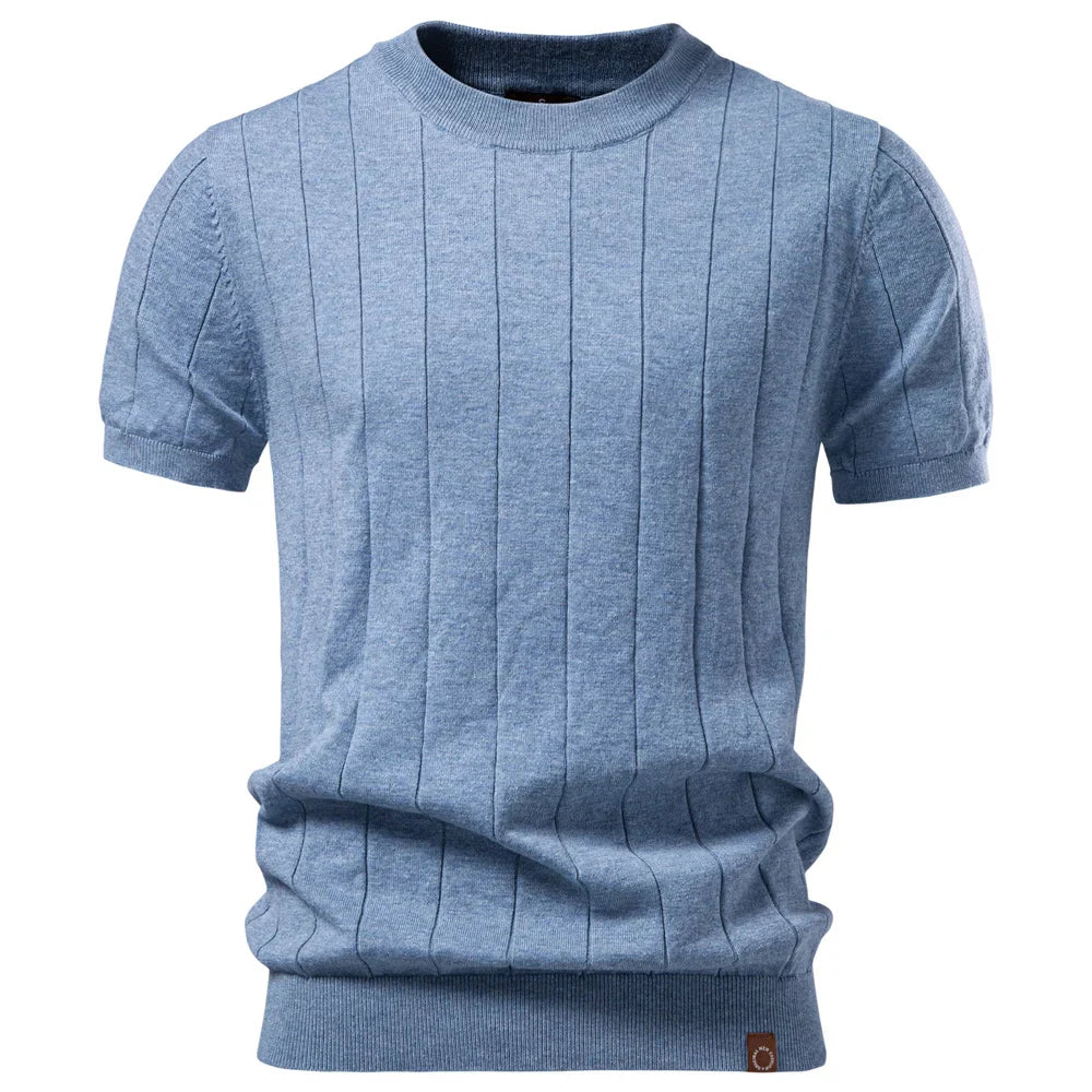 Men's Cotton Stripe T-Shirt - Casual O-Neck Summer Top in Solid Colors