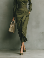 Army Green Cotton Blend Maxi Dress for Women - Casual Summer Wear