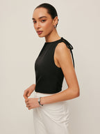Backless Tie Neck Sleeveless Blouse - Woven Casual Top for Work and Leisure