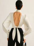 Satin Backless Blouse for Women - Long Sleeve, Stand Collar, Elegant Evening Top