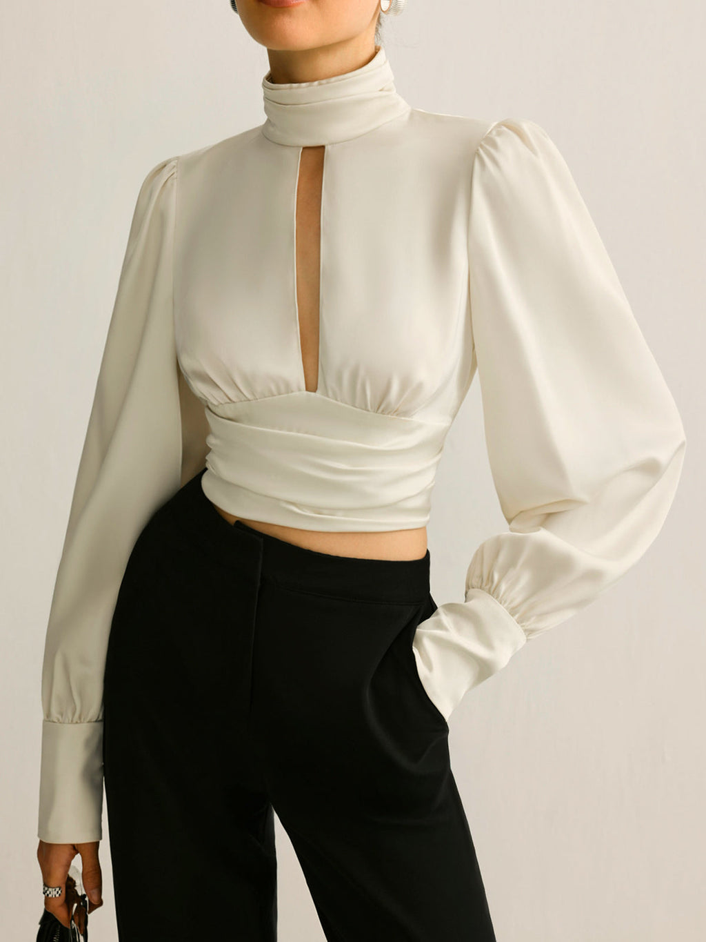 Satin Backless Blouse for Women - Long Sleeve, Stand Collar, Elegant Evening Top