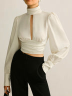 Satin Backless Blouse for Women - Long Sleeve, Stand Collar, Elegant Evening Top