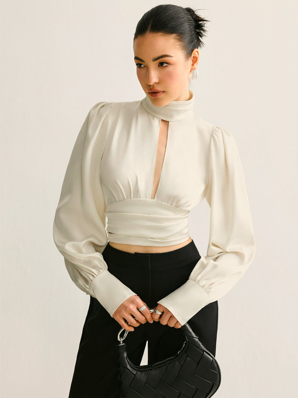 Satin Backless Blouse for Women - Long Sleeve, Stand Collar, Elegant Evening Top