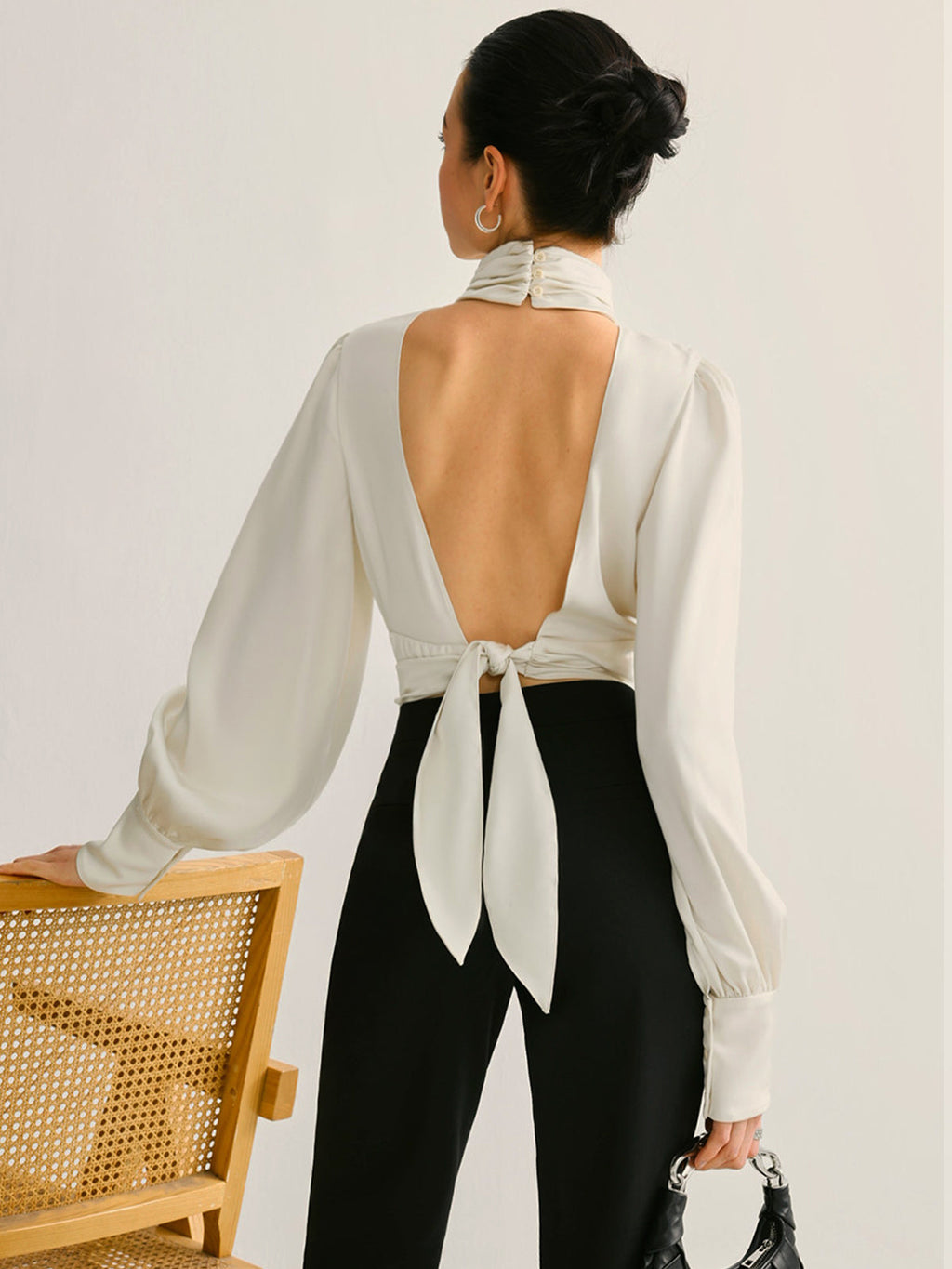 Satin Backless Blouse for Women - Long Sleeve, Stand Collar, Elegant Evening Top