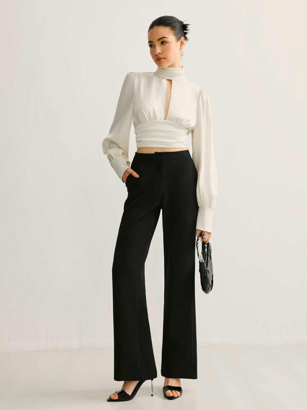 Satin Backless Blouse for Women - Long Sleeve, Stand Collar, Elegant Evening Top