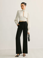 Satin Backless Blouse for Women - Long Sleeve, Stand Collar, Elegant Evening Top