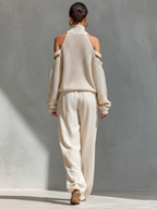 Beige Knit Cold-Shoulder Turtleneck Top and Wide-Leg Pants Set for Women