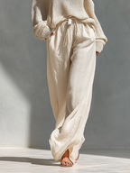 Beige Knit Cold-Shoulder Turtleneck Top and Wide-Leg Pants Set for Women