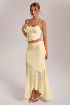 Floral Lace Co-Ord Set - Asymmetrical Maxi Skirt & Ruffle Camisole for Women