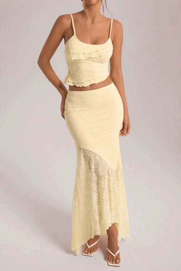 Floral Lace Co-Ord Set - Asymmetrical Maxi Skirt & Ruffle Camisole for Women