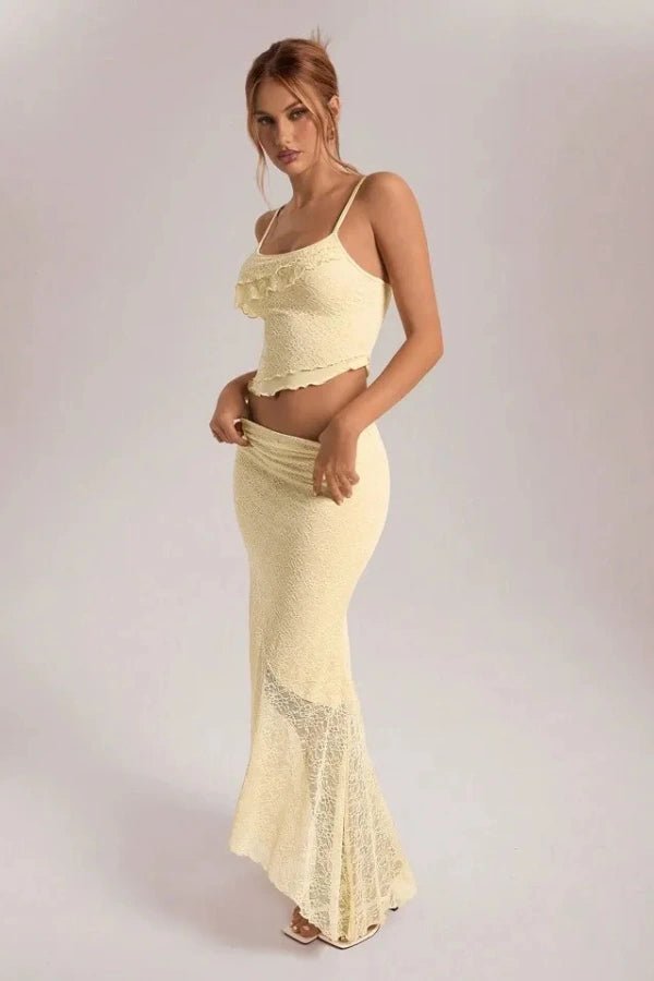 Floral Lace Co-Ord Set - Asymmetrical Maxi Skirt & Ruffle Camisole for Women