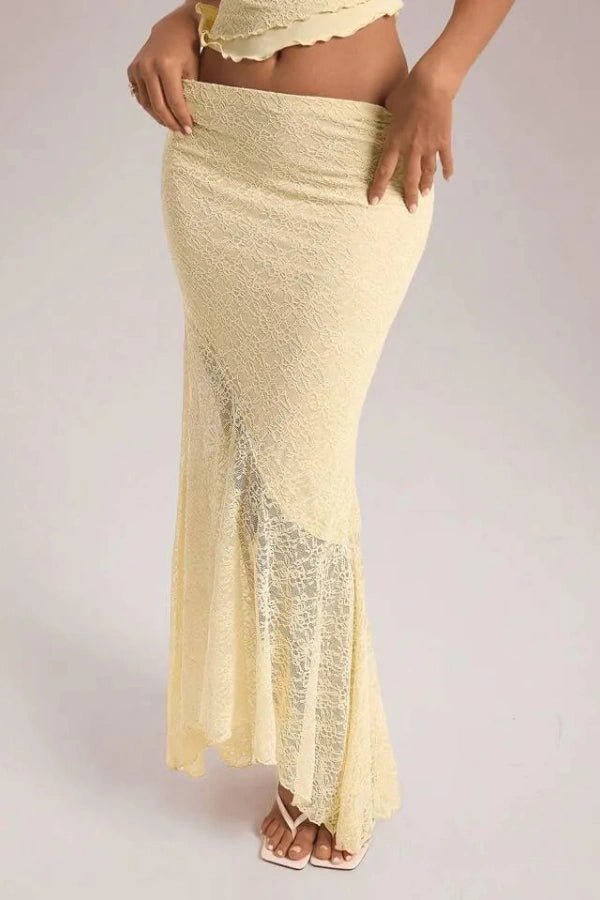Floral Lace Co-Ord Set - Asymmetrical Maxi Skirt & Ruffle Camisole for Women