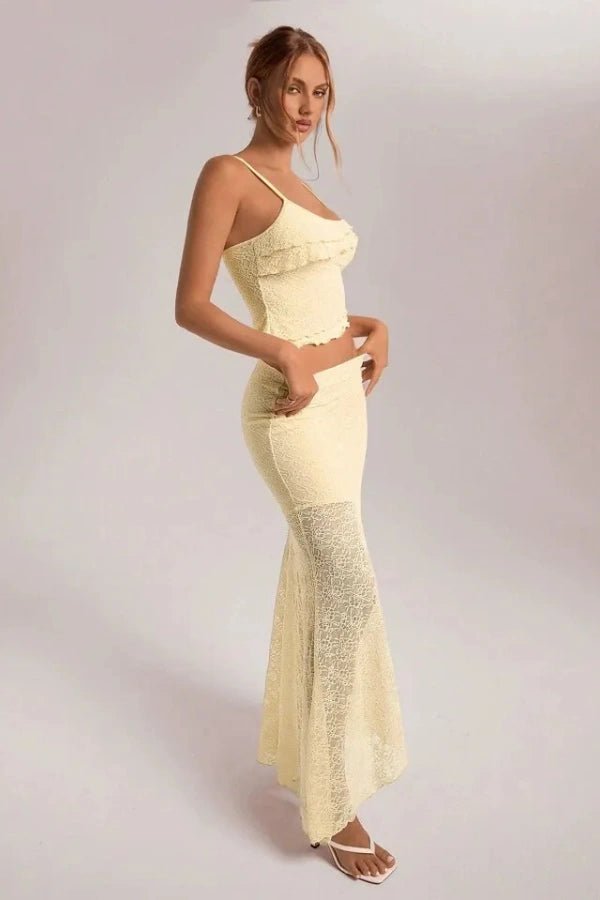 Floral Lace Co-Ord Set - Asymmetrical Maxi Skirt & Ruffle Camisole for Women