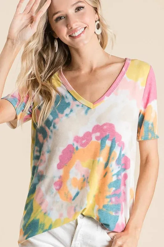 BiBi Circular Tie Dye Print V Neck Top