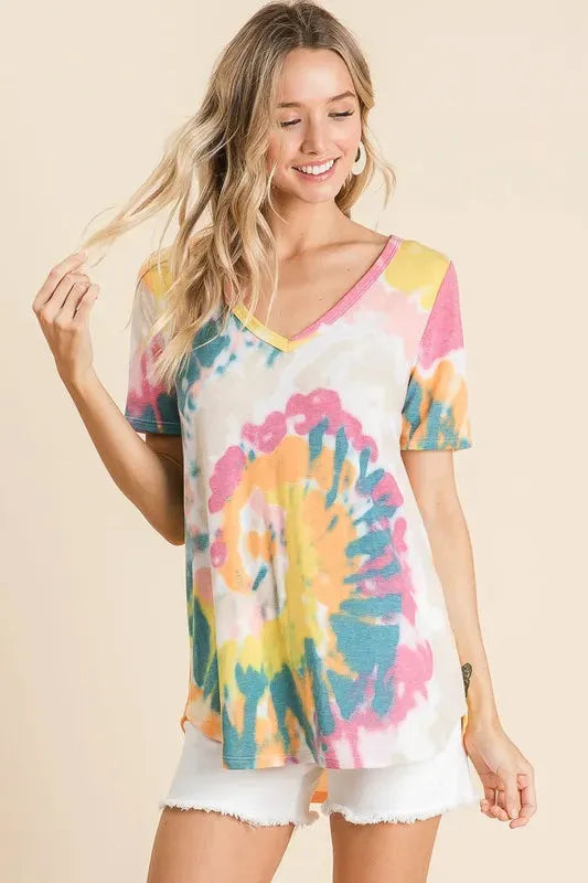 BiBi Circular Tie Dye Print V Neck Top