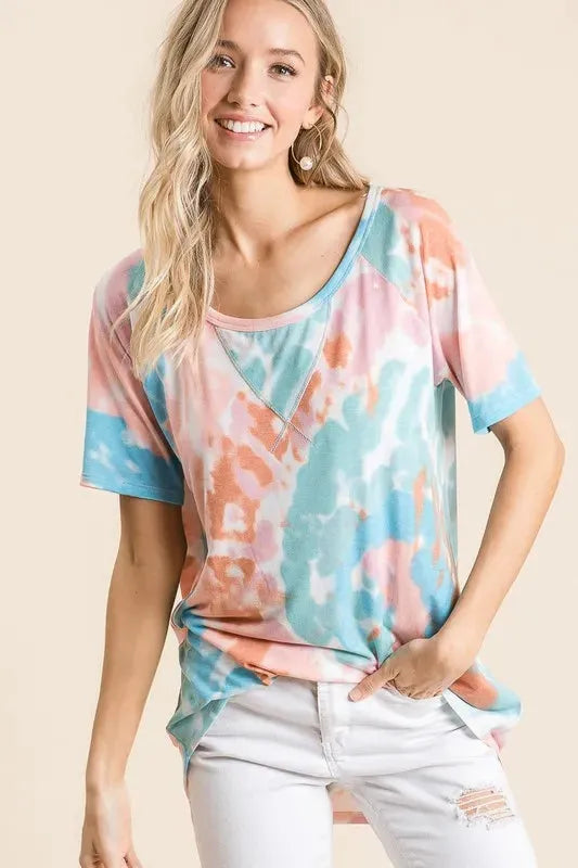 BiBi Tie Dye Print Short Sleeve T-Shirt with Raglan Sleeves