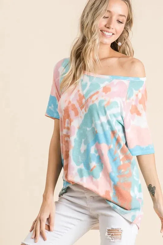 BiBi Tie Dye Print Short Sleeve T-Shirt with Raglan Sleeves