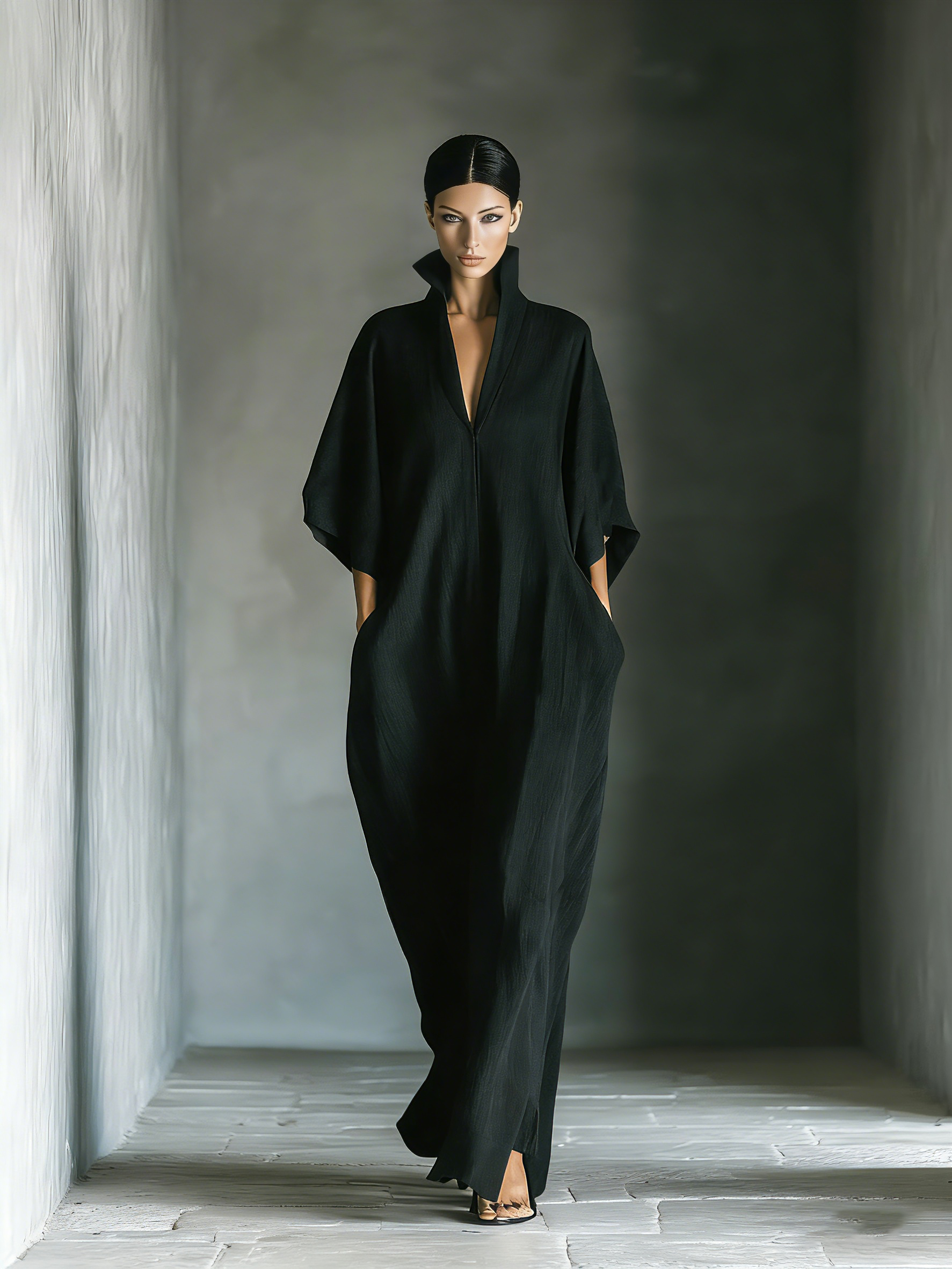Black Cotton Blend Oversized Kimono-Sleeve Maxi Dress with Pockets for Women