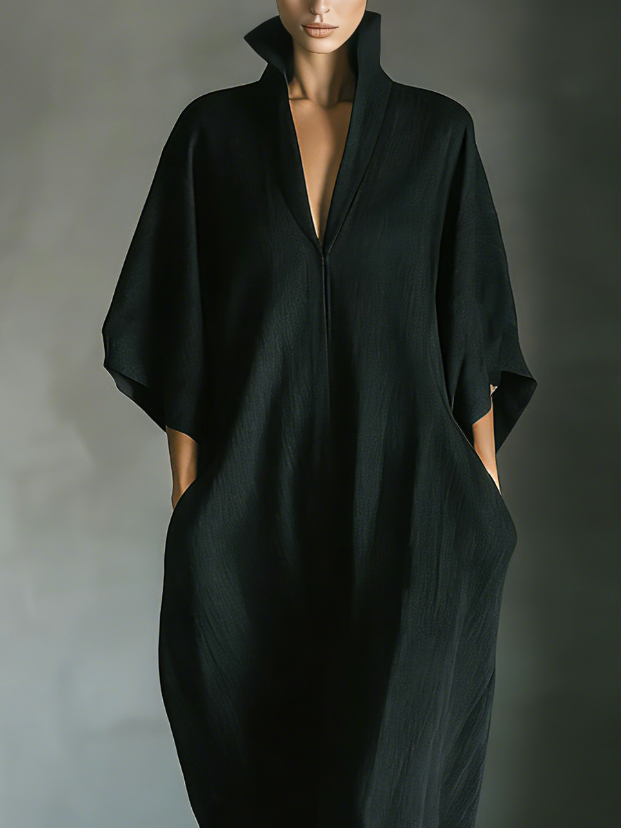 Black Cotton Blend Oversized Kimono-Sleeve Maxi Dress with Pockets for Women