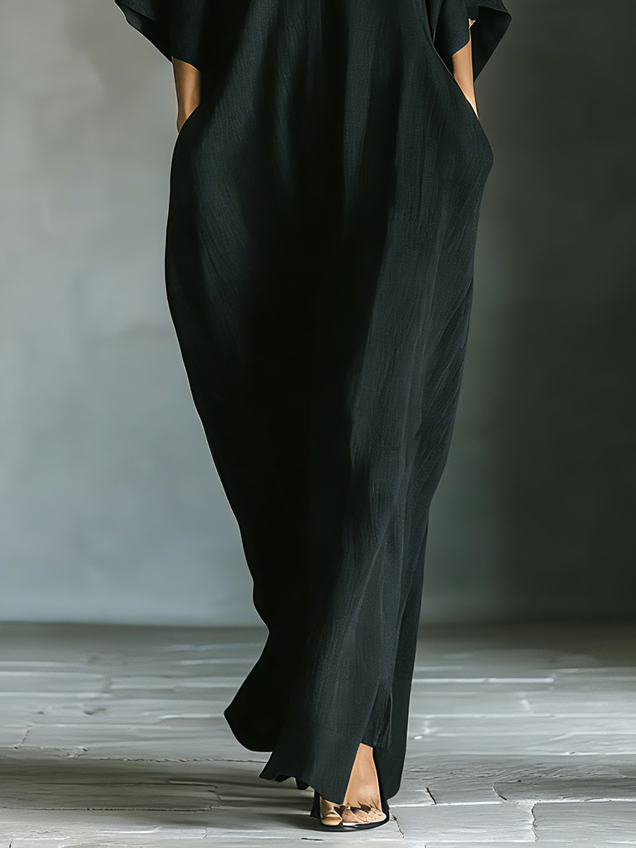 Black Cotton Blend Oversized Kimono-Sleeve Maxi Dress with Pockets for Women