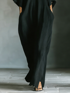 Black Cotton Blend Oversized Kimono-Sleeve Maxi Dress with Pockets for Women