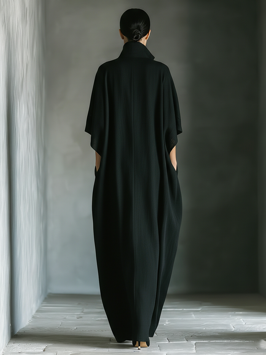 Black Cotton Blend Oversized Kimono-Sleeve Maxi Dress with Pockets for Women