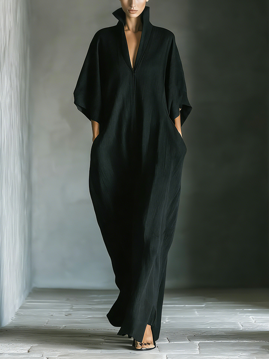 Black Cotton Blend Oversized Kimono-Sleeve Maxi Dress with Pockets for Women